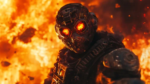 Armored soldier stands before large explosion in background