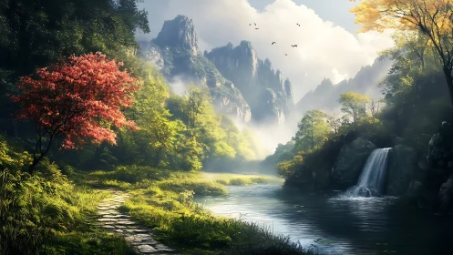 Sunlit river valley frames distant misty mountain peaks