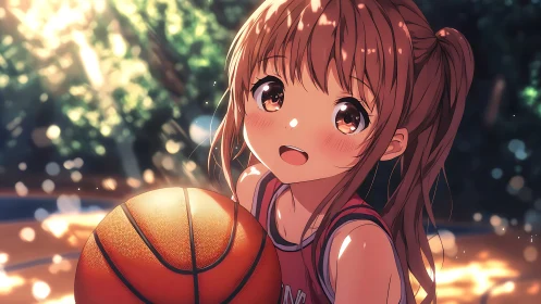 Sunlit anime girl clutching basketball on glowing court.