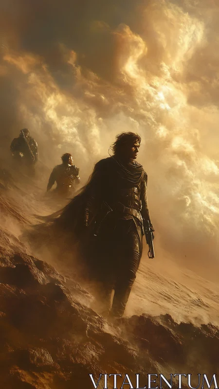 Desert warriors stride through golden stormlit wasteland.