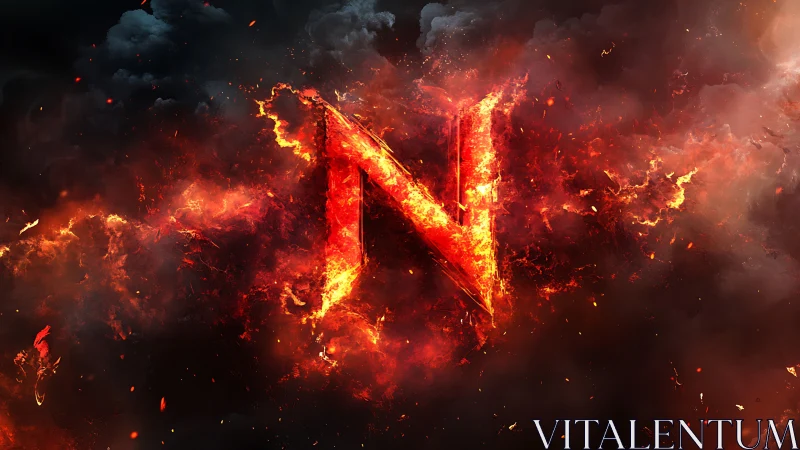 Fiery letter N emblem within dense dark smoke field.
