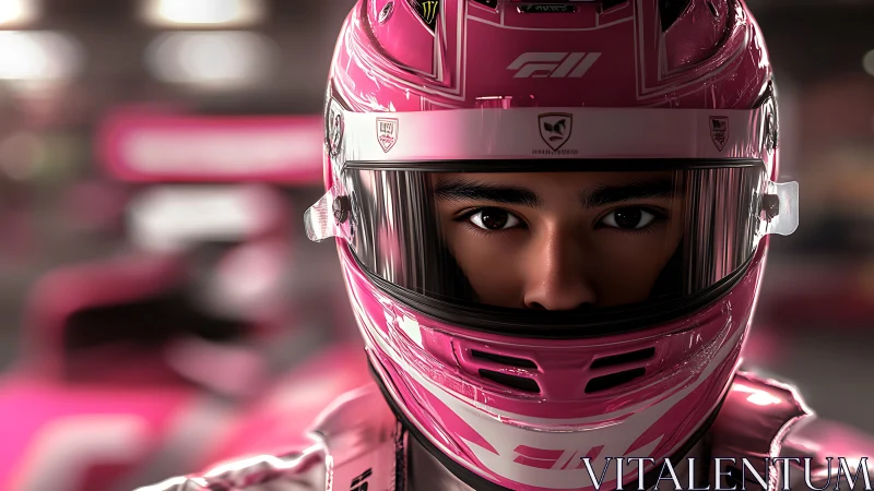 Bright pink racer portrait with focused trackside calm.
