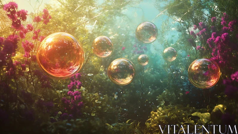 Iridescent bubbles floating in dense sunlit garden.