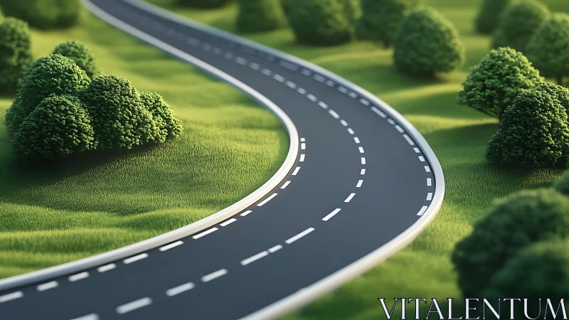 Curving asphalt road through manicured trees and grassland.