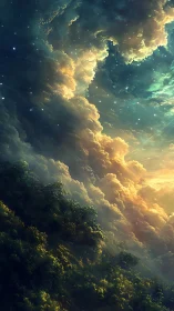 Sunlit storm clouds rise above a dreaming forest valley