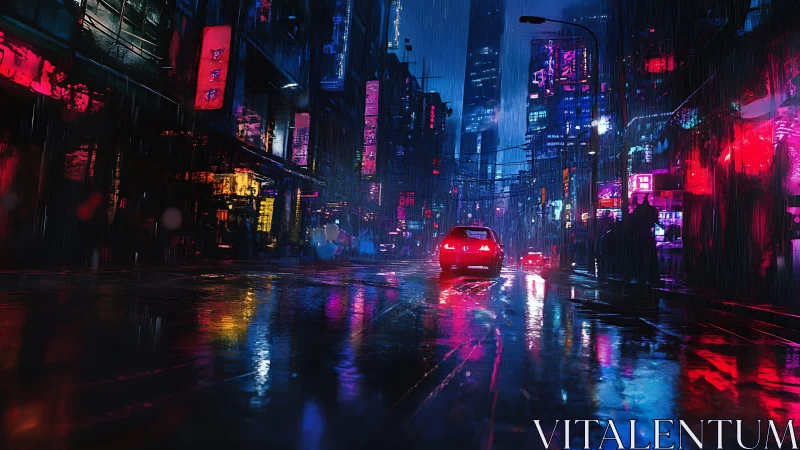 Neon lit rainy city street with cars and high rise towers.