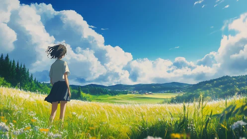Girl wandering through sunlit meadow under wide summer sky.