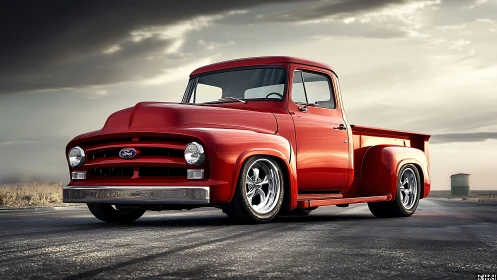 Desert sunset crowns a candy-red classic Ford pickup hero.