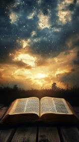 Open illuminated book beneath radiant celestial sky.