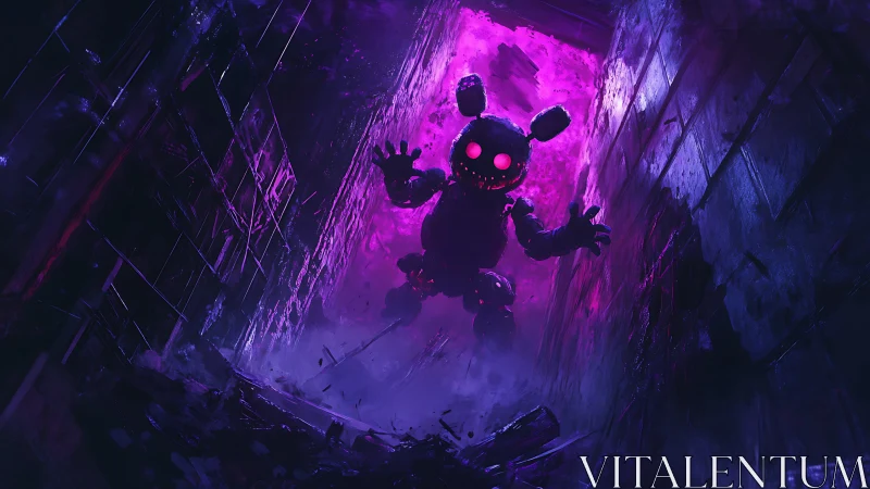 Robotic rabbit figure in narrow corridor with neon light.