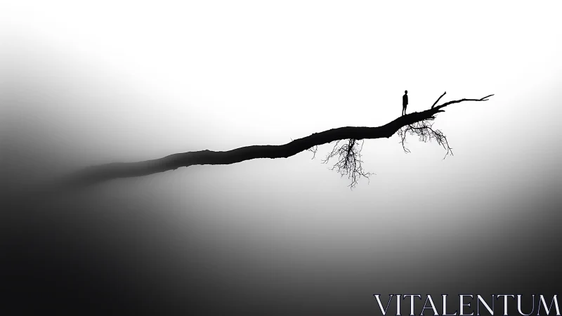 Solitary figure on a tree branch in minimalistic black and white art.