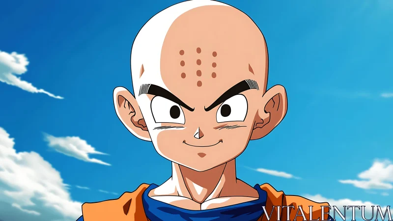 Smiling bald anime fighter stands beneath a bright sky.