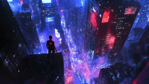 Silhouette superhero overlooking neon cyberpunk city at night.