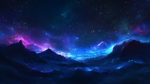 Starlit cosmic seascape with glowing nebula horizon band.