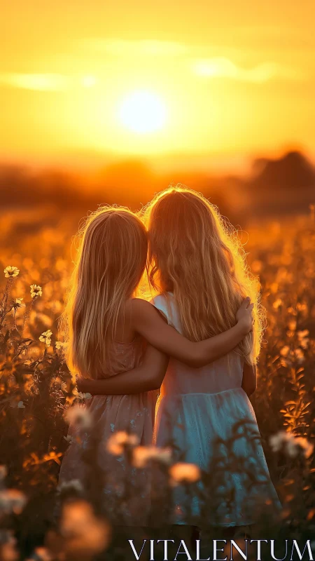 Two girls embracing in a golden hour field with sunset light