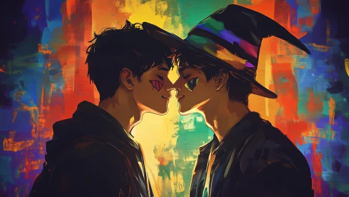 Two young men facing closely against rainbow backdrop.