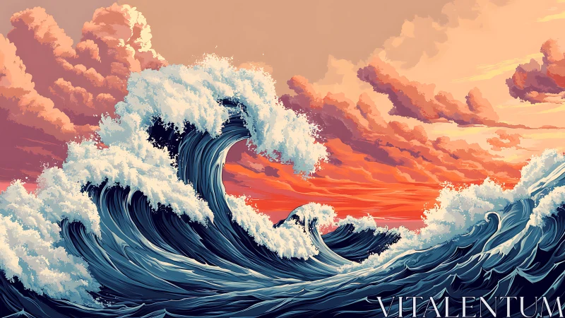 Powerful stylized ocean waves under vivid sunset sky.