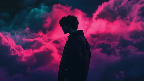 Silhouetted youth beneath neon magenta storm clouds.