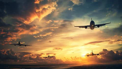 Passenger jets aligned over runway in dense sunset traffic.