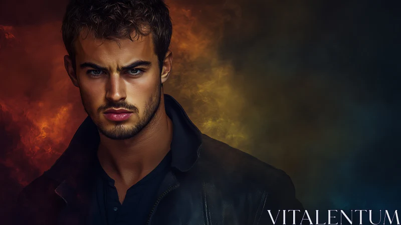 Moody digital portrait of man amid warm cool smoke.