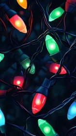 Colorful holiday string lights glow against deep shadows.