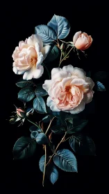 Classical Botanical Roses: Pale Pink Blooms Against Darkened Background