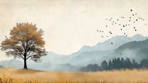 Solitary deciduous tree stands before layered misty mountains