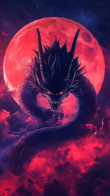 Blood-moon serpent dragon coils through crimson storm skies.