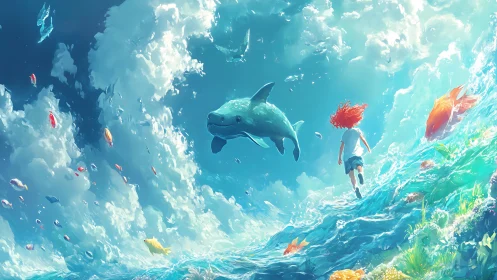 Child and marine life moving through tilted ocean scene.