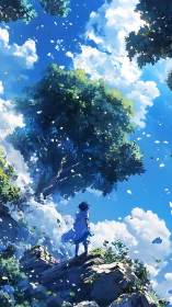Solitary anime traveler beneath towering summer canopy sky