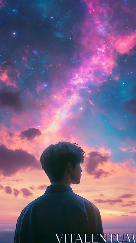 Silhouetted figure observing nebula-like sky at shoreline.