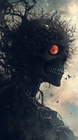 Arboreal necrotic titan with lunar ocular core, side profile.