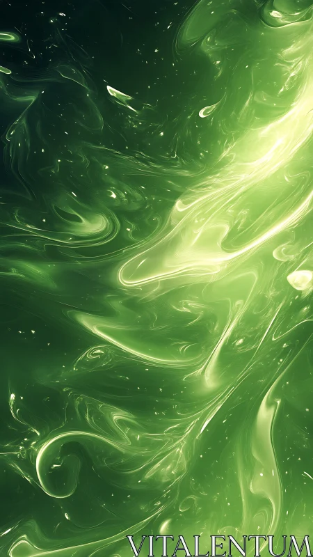 Luminous green fluid nebula swirls through deep shadow field