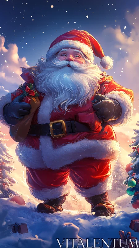 Snowlit Santa strides through sparkling Christmas wonderland.