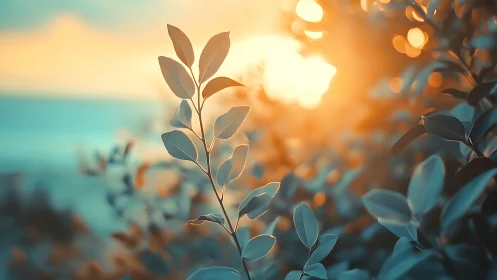 Sunlit Leaves in Soft Focus Nature Photography at Sunset.