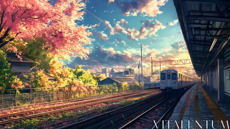 Urban rail platform under spring foliage at sunset.