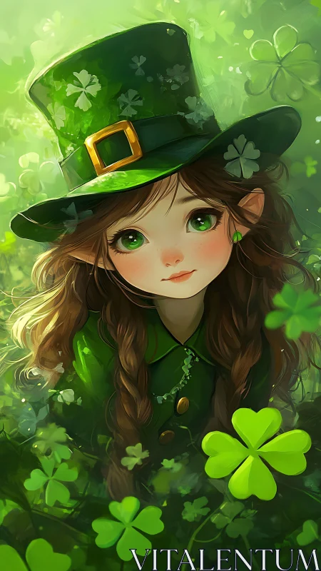 Emerald-clad leprechaun girl amid glowing shamrock field.
