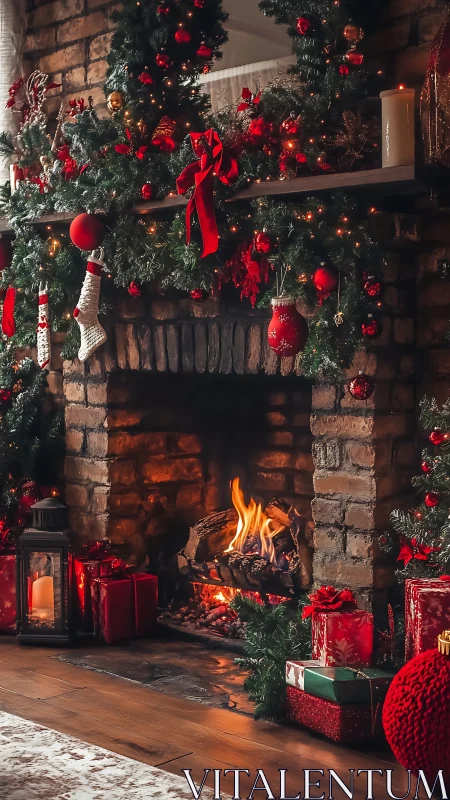 Cozy Christmas fireplace glows warmly with festive garlands