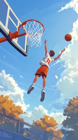 Basketball player jumps toward hoop on outdoor court