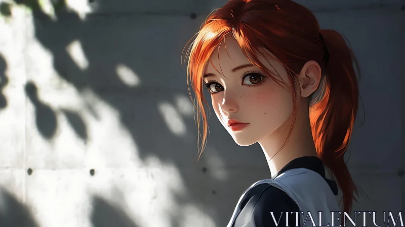 Backlit red-haired girl rendered with high-detail soft shadows