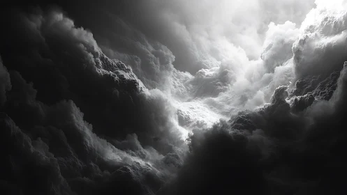 Monochrome volumetric cloud formation with strong contrast.