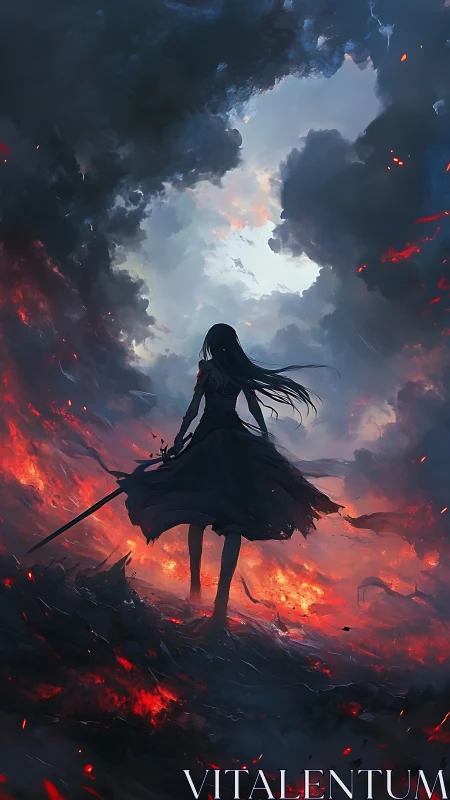Sword-bearing silhouette walks through burning volcanic field