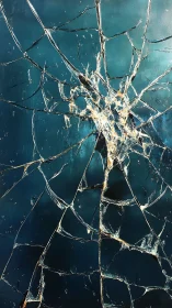 Shattered teal glass web catching light in quiet motion.