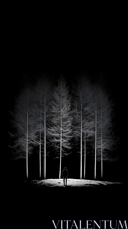 Midnight walker pauses beneath ghostlit winter trees