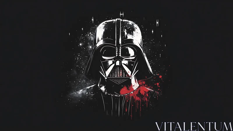 Dark sci-fi helmet emerges from cosmic splatter shadows.