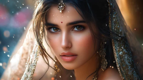Soft starlit gaze of a jeweled bride in golden dusk.