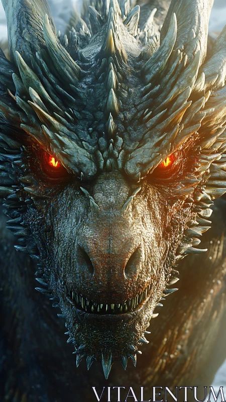 Armored dragon stares forward with blazing molten eyes