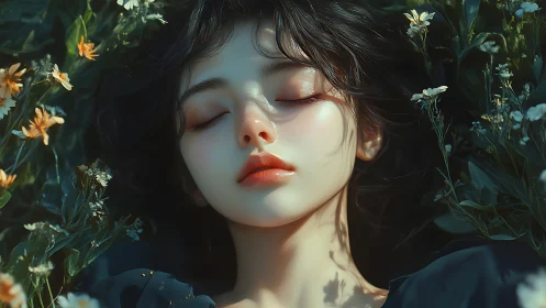 Serene feminine portrait renders luminous skin amid florals