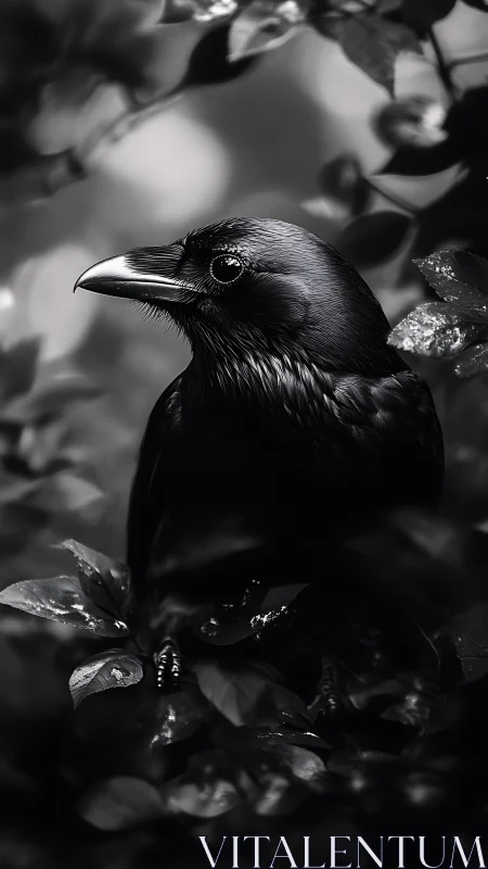 Obsidian Sentinel: Raven Contemplates Leafy Kingdom.