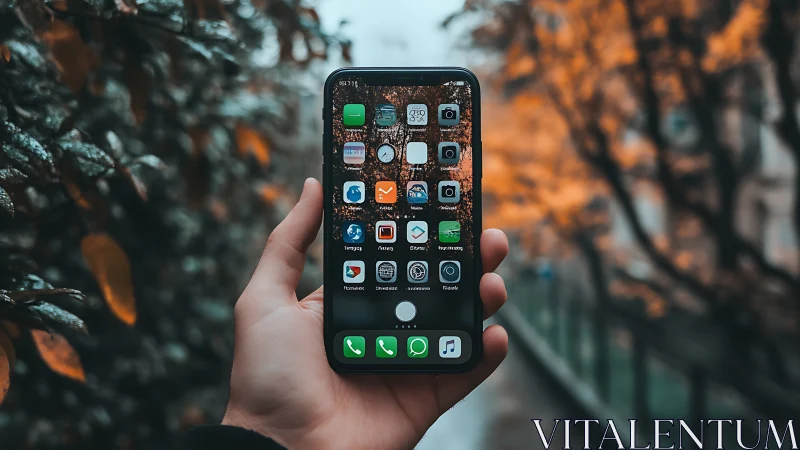 Modern smartphone displays colorful app collection in natural outdoor setting